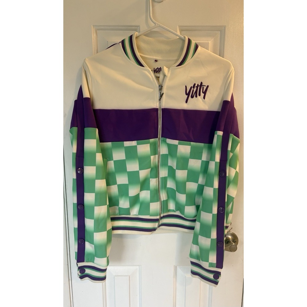 Yitty Women's Track Jacket L Full Zip Checkered White Purple Green Long Sleeve